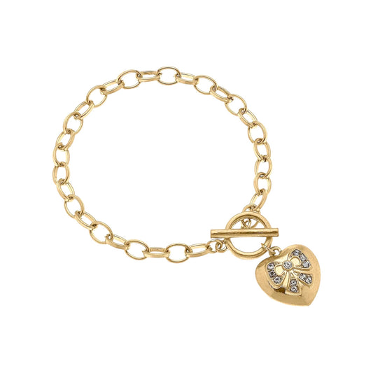 The Rylan Pave Bow Heart Charm T-Bar Bracelet