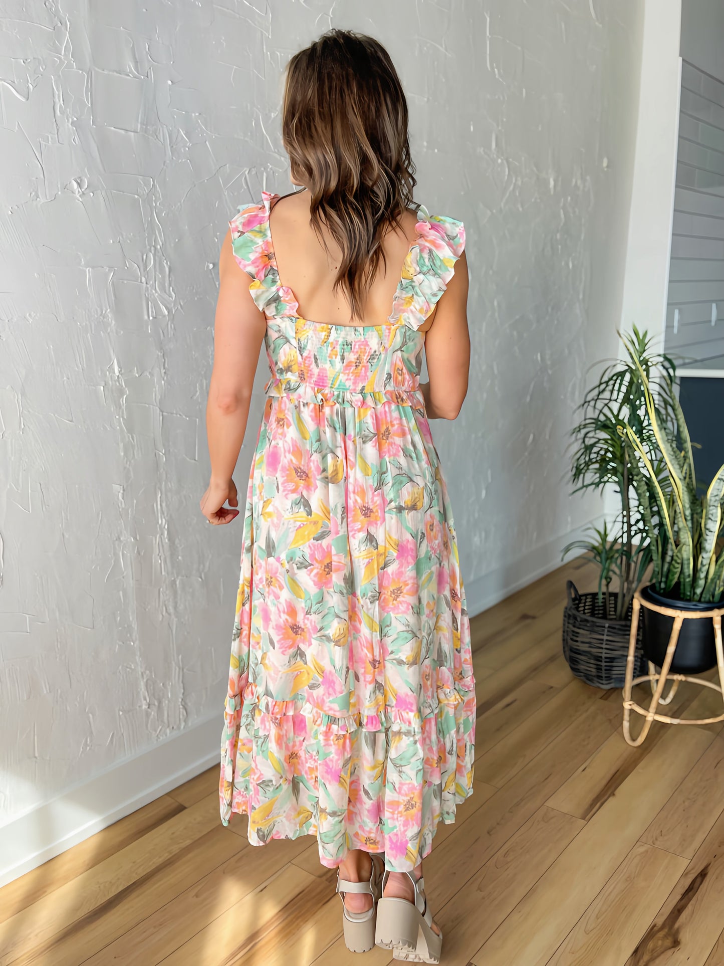 The Gracelynn Watercolor Floral Ruffle Midi Dress