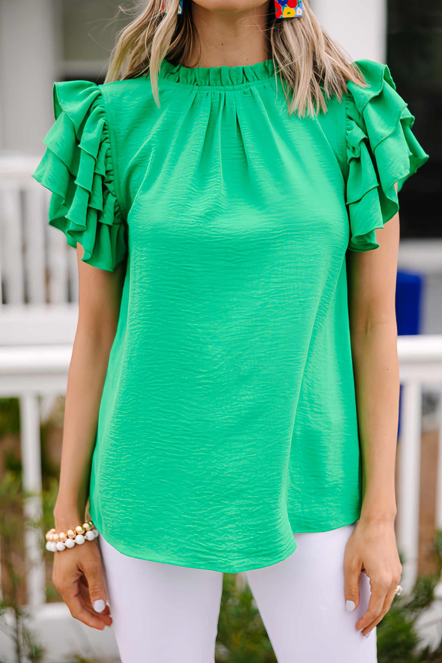 The Kelly Green Ruffled Sleeve Blouse