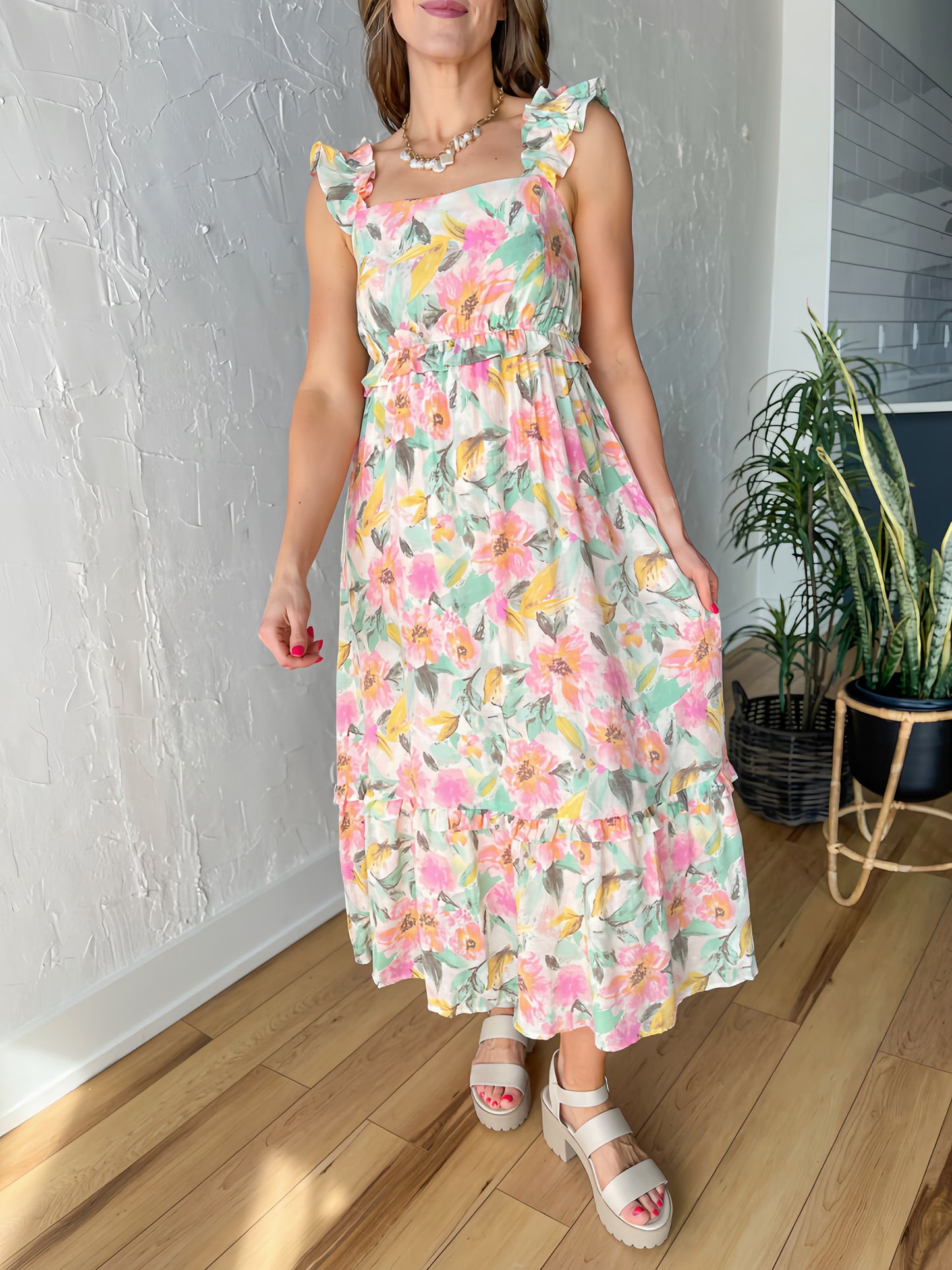 The Gracelynn Watercolor Floral Ruffle Midi Dress