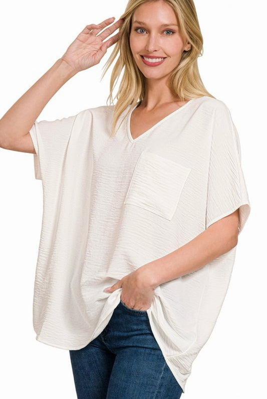 The Zenana Oversized V Neck Pocket Top