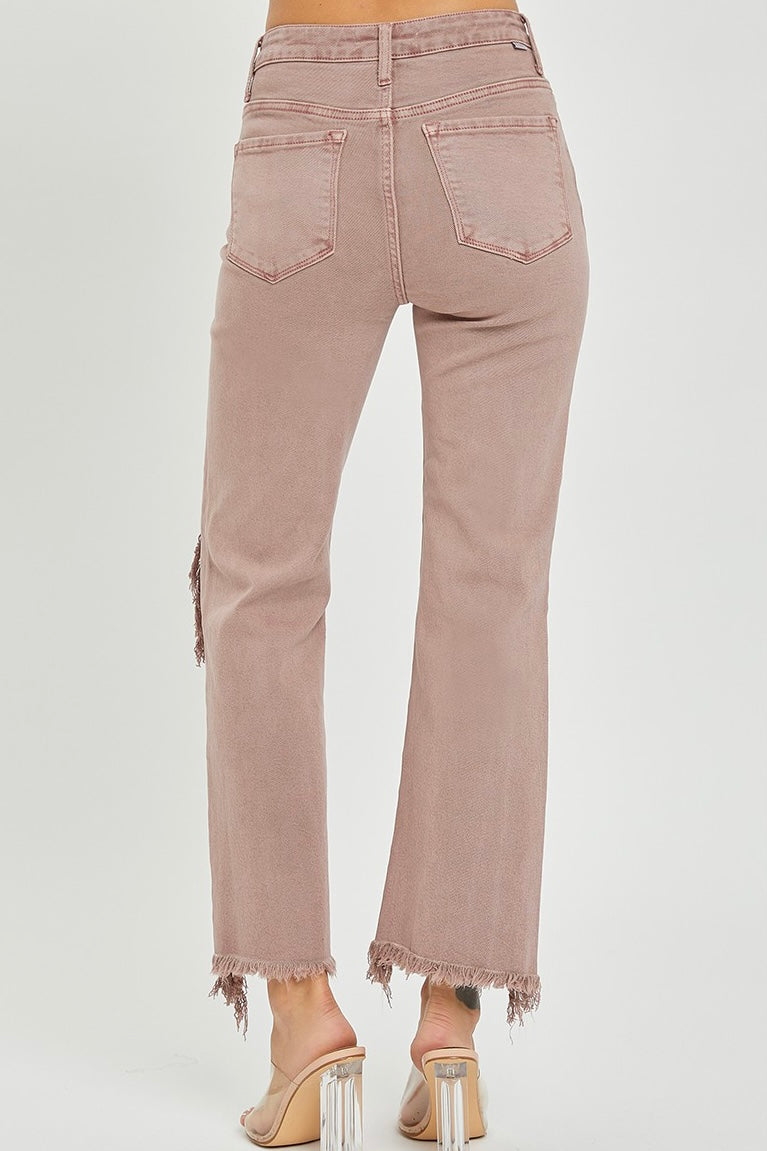 The High Rise Knee Distressed Straight Risen Jeans Mauve