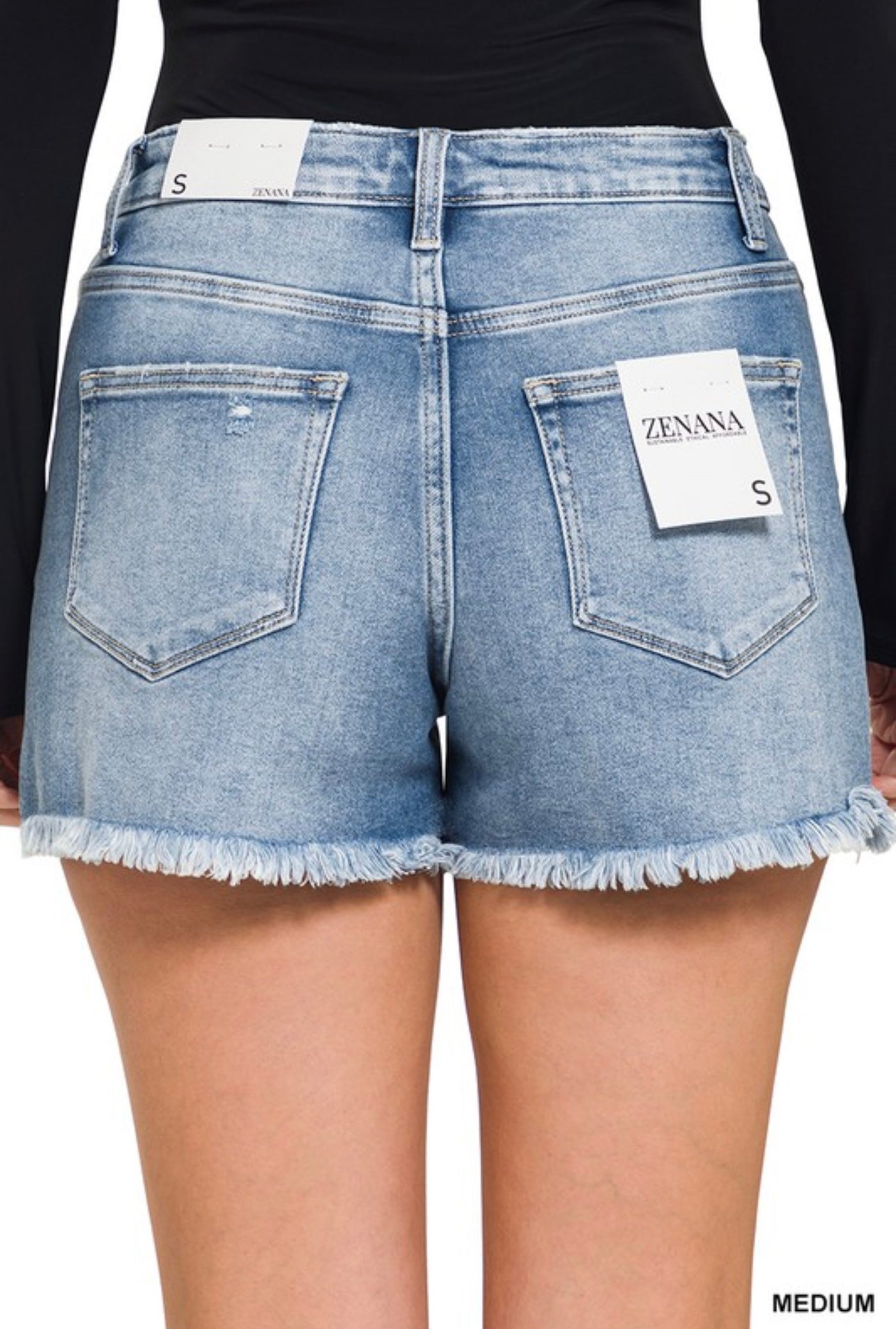 The Zenana Frayed Hem Button Fly Denim Shorts