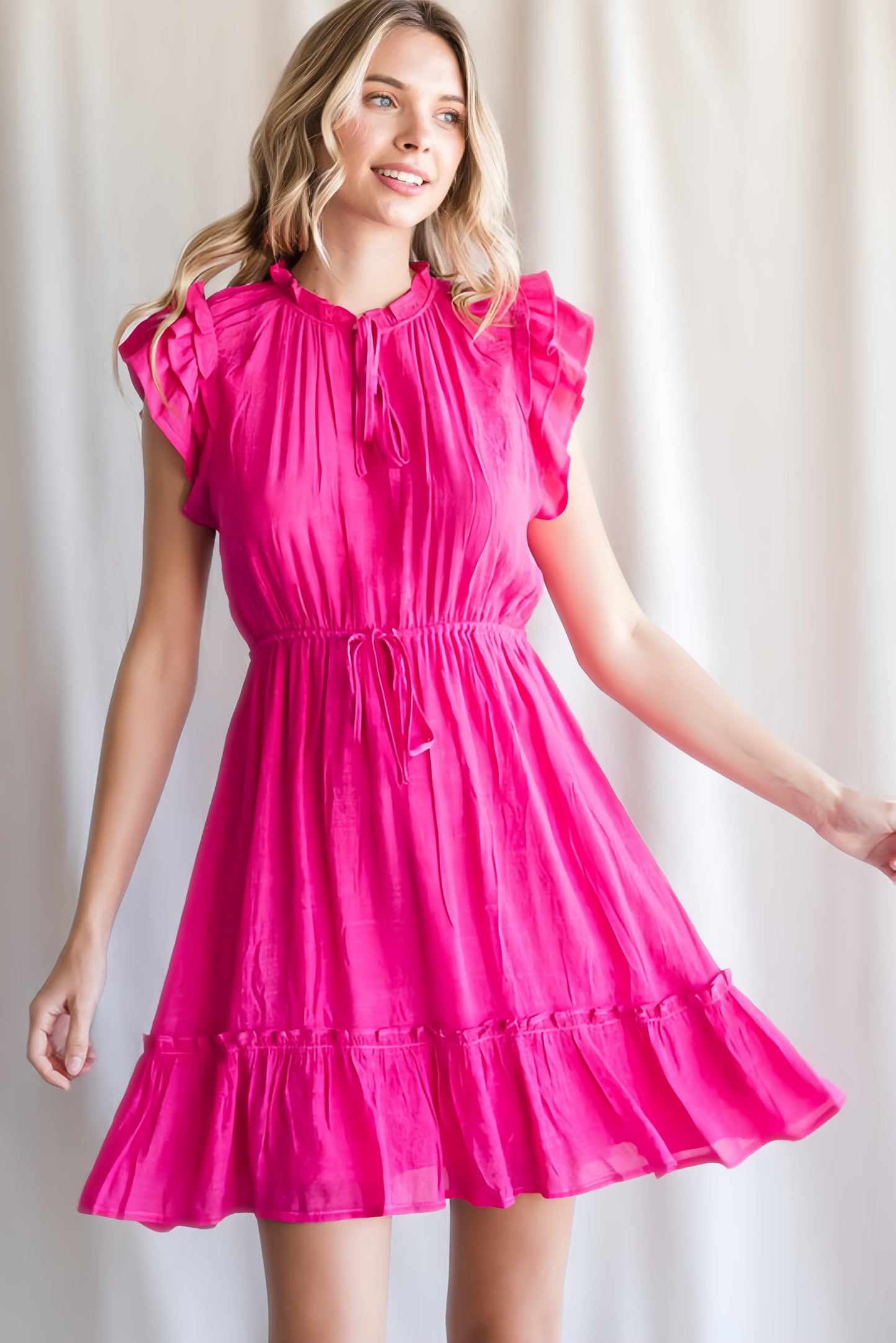 The Hot Pink Ruffled Sleeve Dress