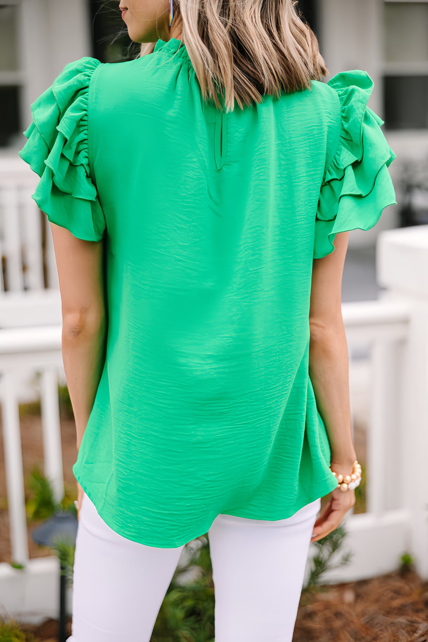 The Kelly Green Ruffled Sleeve Blouse