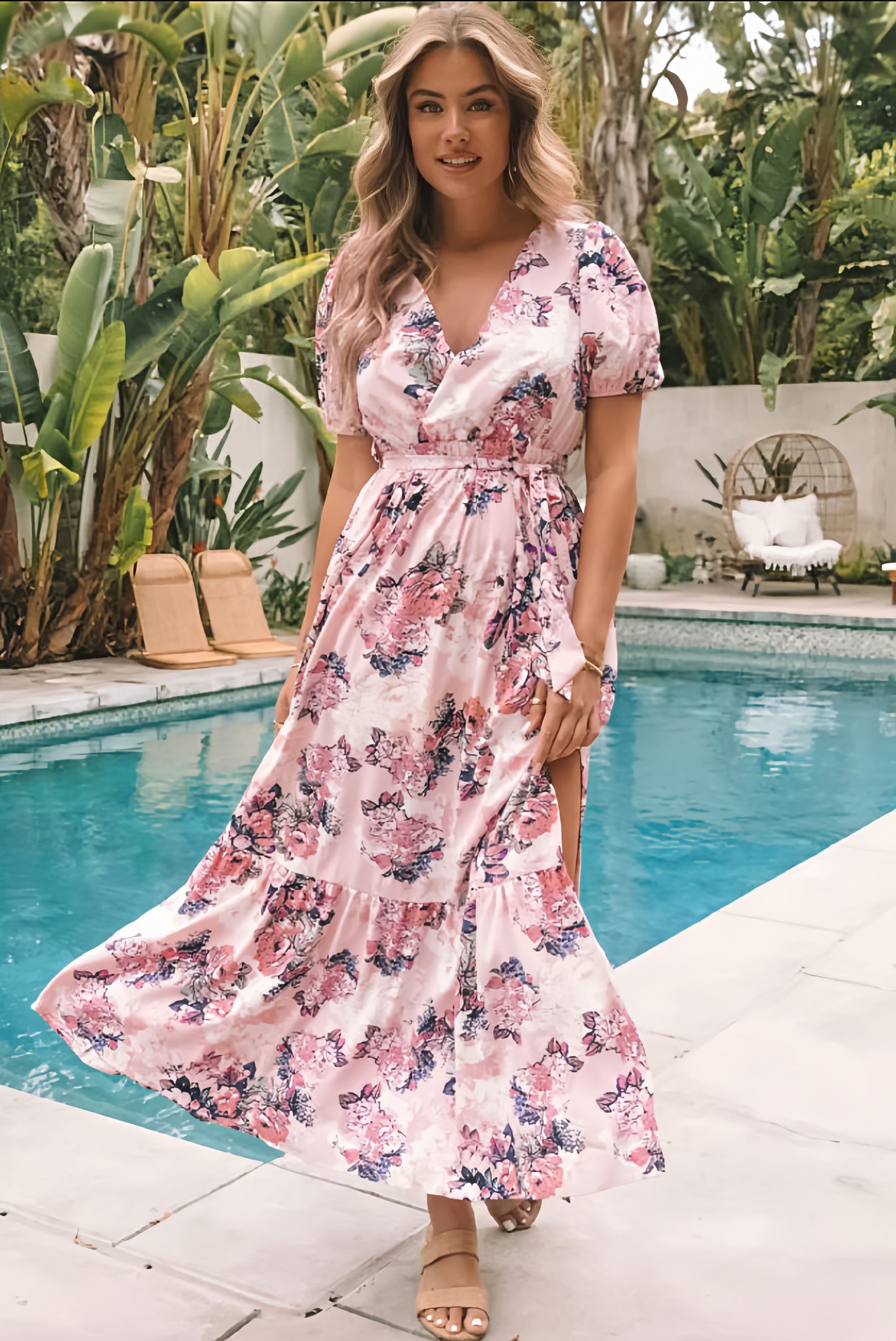 The Pink Floral Puff Sleeve Maxi Dress