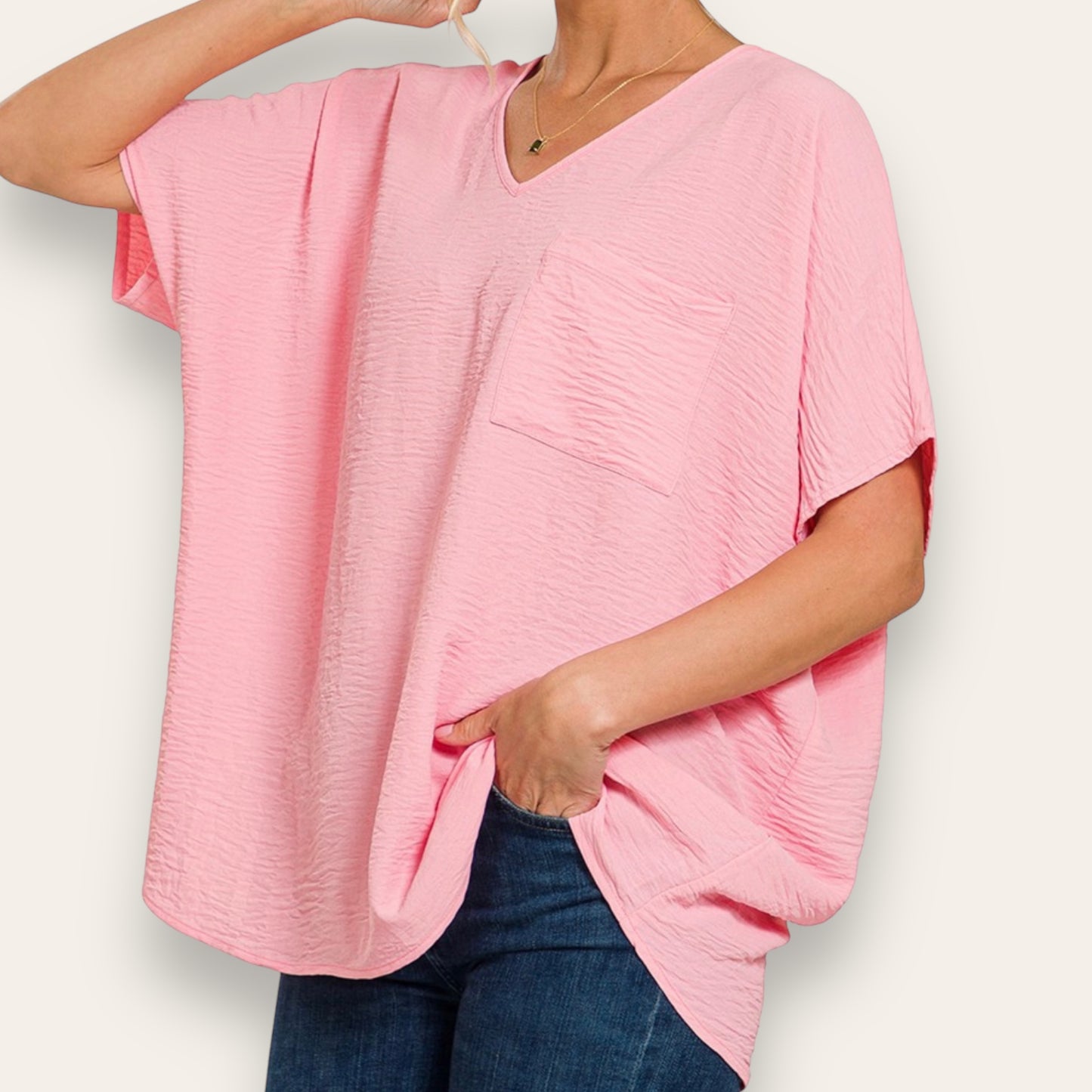 The Zenana Oversized V Neck Pocket Top In Light Pink