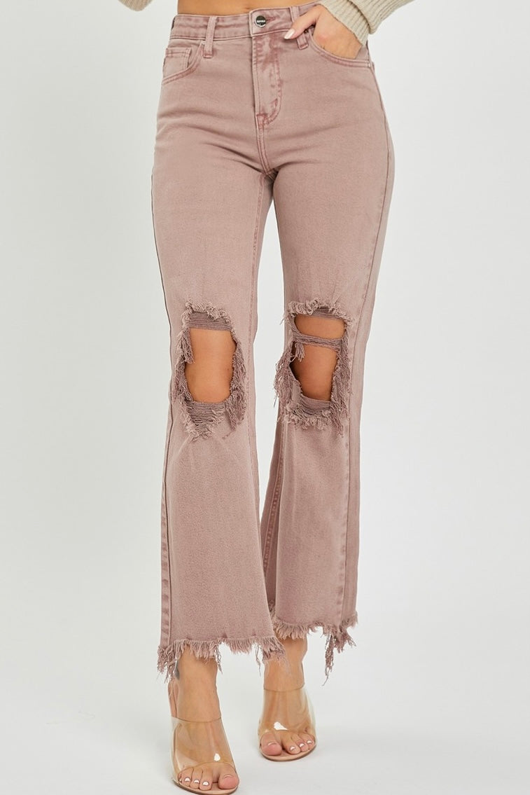 The High Rise Knee Distressed Straight Risen Jeans Mauve