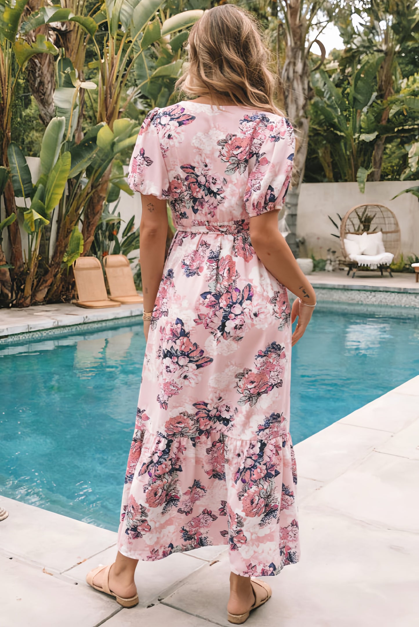 The Pink Floral Puff Sleeve Maxi Dress