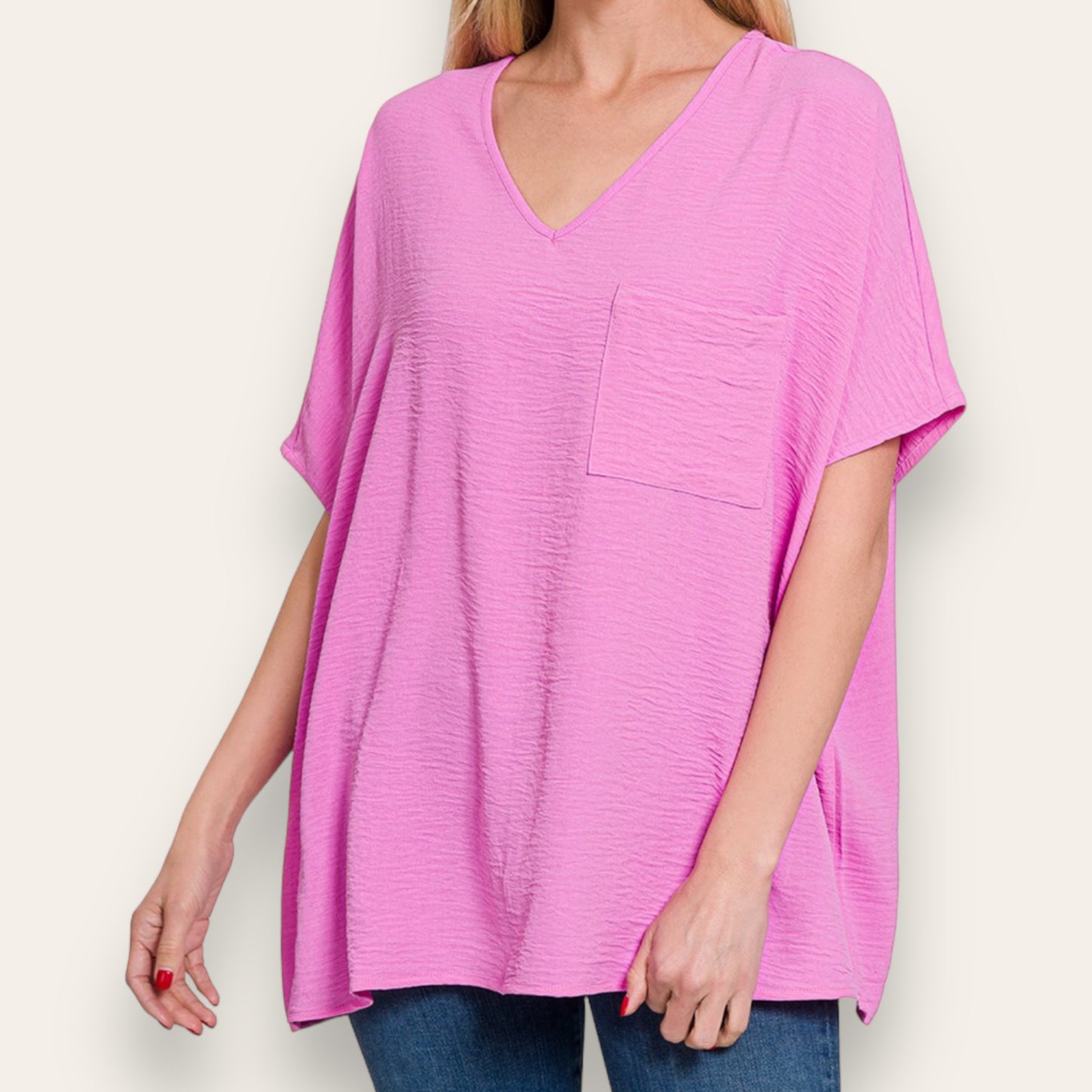 The Zenana Oversized V Neck Pocket Top In Mauve