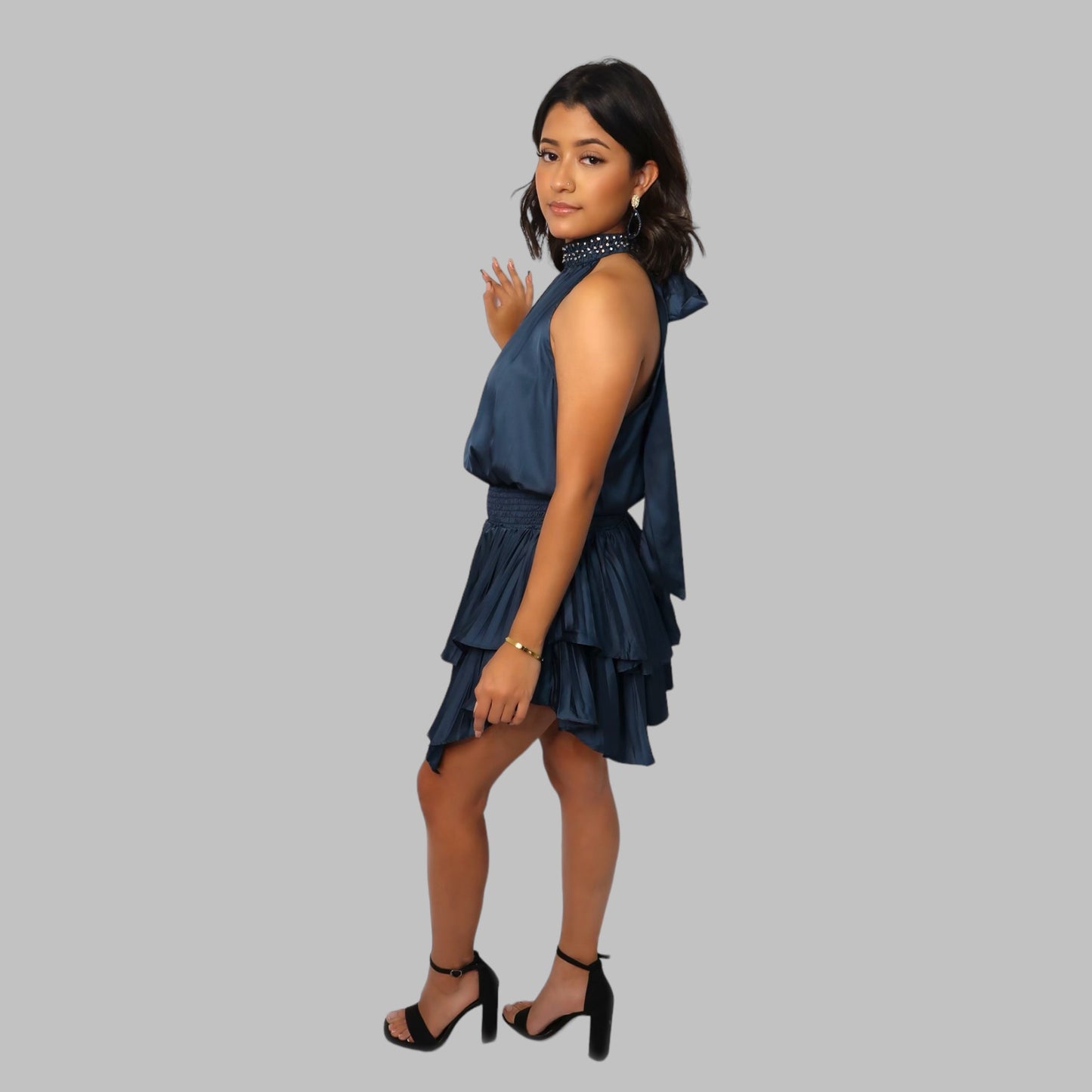 The Mood Indigo Halter Neck Pleated Dress