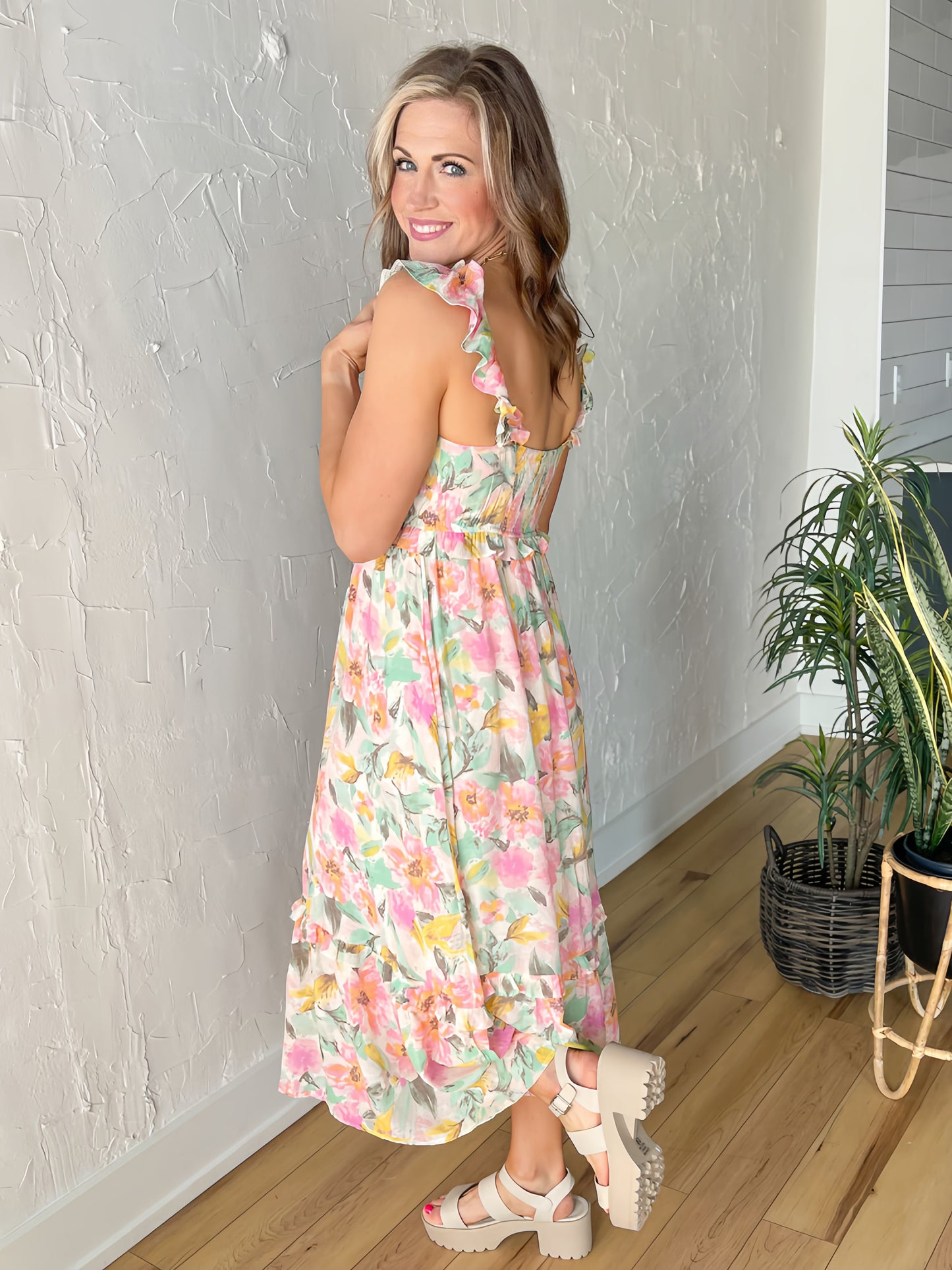 The Gracelynn Watercolor Floral Ruffle Midi Dress