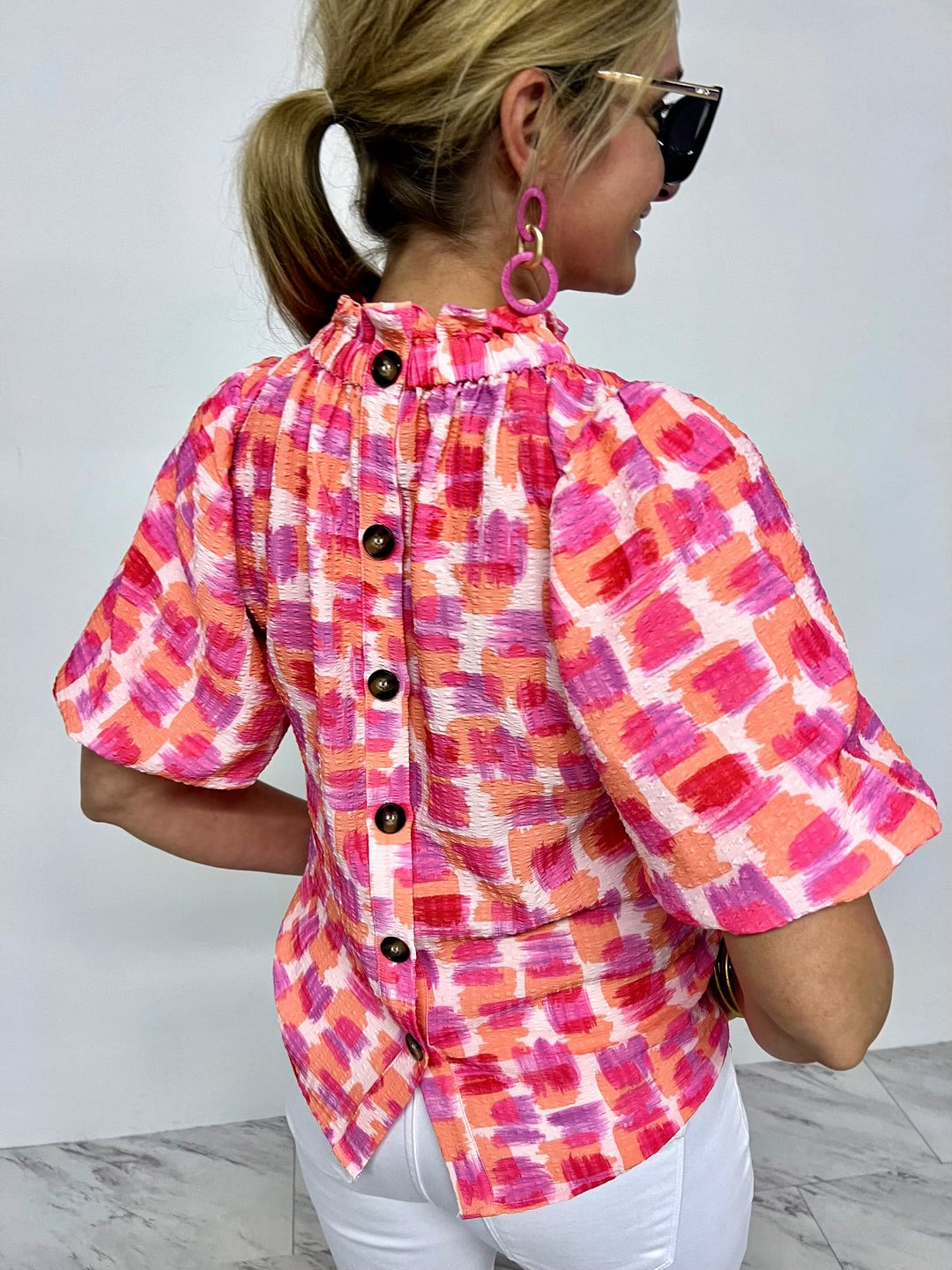 The Pink Brushstroke Puff Sleeve Button Back Top